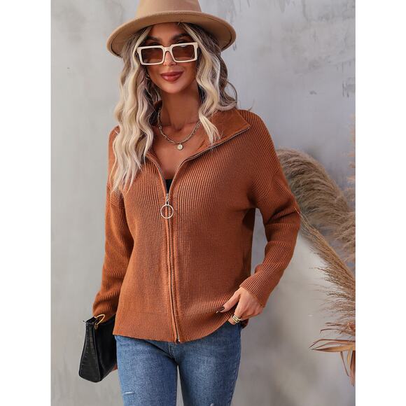 Graceful Rib-Knit Zip Up Collared Cardigan - Picture 1 of 6